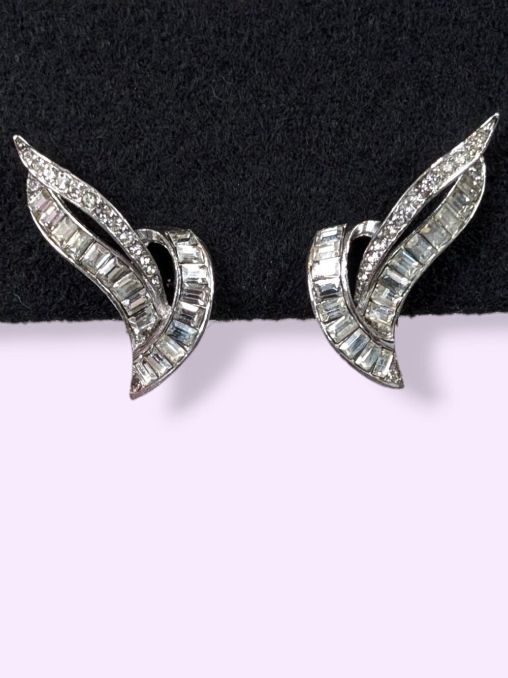 V. White Baguette Rhinestone Swoop Earrings